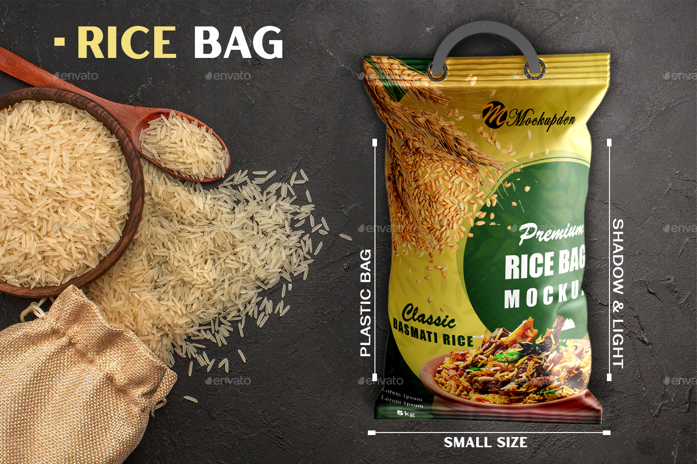Rice Bag Mockup Large & Small Rice Bag and Sack Mockup Set, Graphics